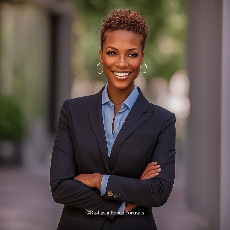 a woman in a suit and earrings, smiling for business headshot photo session