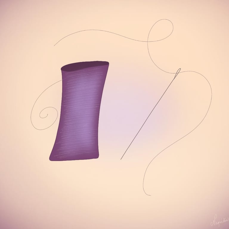 Illustration d’une bobine de fil violet et d’une aiguille à coudre, symboles du travail textile et de la douceur cousue.