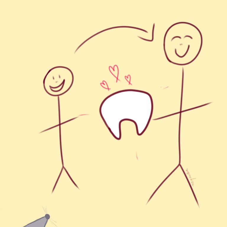 Illustration d'un enfant et d'un adulte autour d'une dent de lait