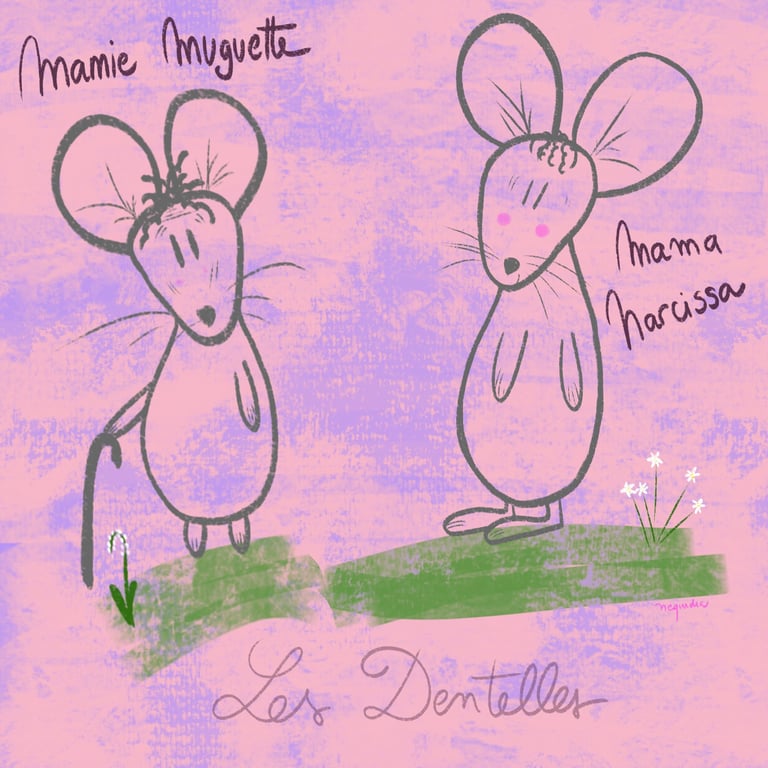 Illustration de deux souris nommées Mamie Muguette et Mama Marissa sur fond rose texturé