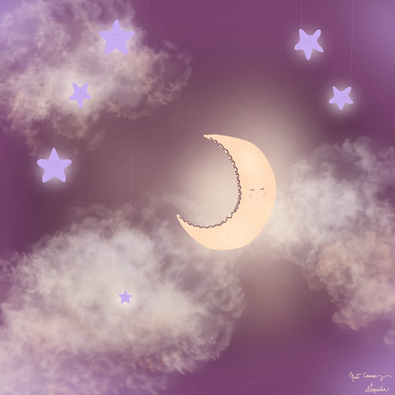 Illustration d’une lune cousue dans un ciel nocturne violet, entourée de nuages et d’étoiles.