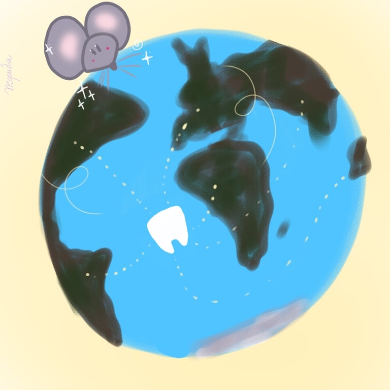 Petite souris volant autour du monde pour illustrer les traditions des dents de lait