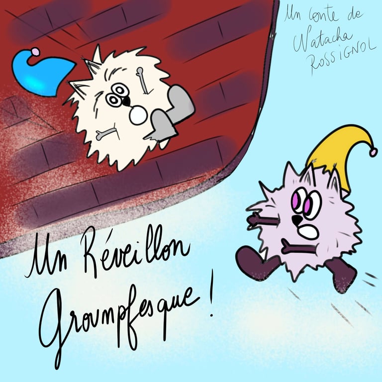 illustration de deux groumpfs courant près d’un traîneau, couverture du conte Un Réveillon groumpfesque