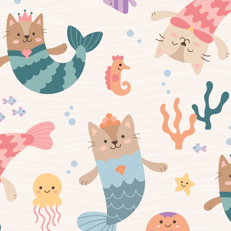 mermaid cute cat fabric wallpaper