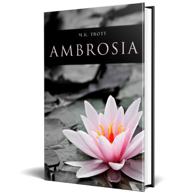 A black and white image of lily pads on a pond. A large bright pink lily with yellow stamen is featured on the lower right