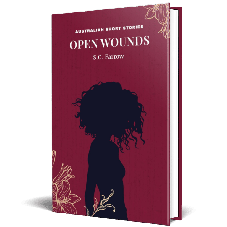 Crimson coloured book cover featuring the silhouette of a woman with wavy hair and pale-y line drawings of flowers