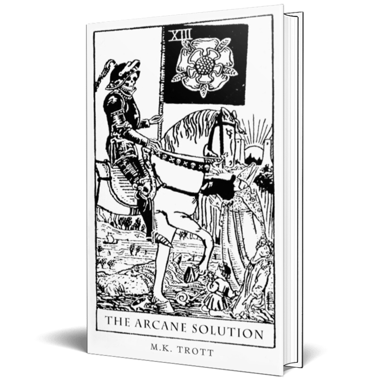 A white book cover features a black line drawing in the style of a tarot card of a skeletal knight on horseback