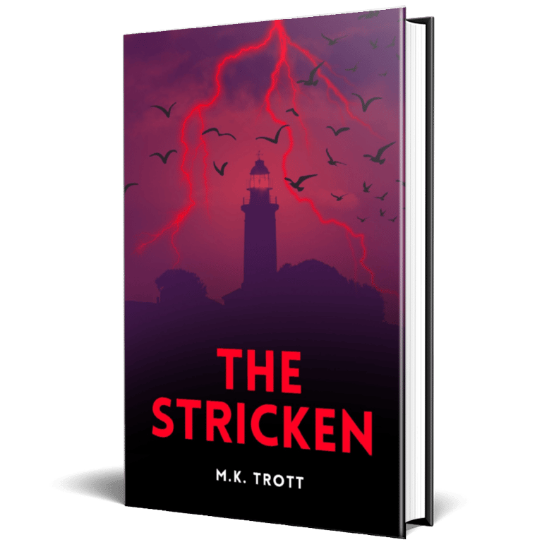 Book cover depicting a lighthouse in a storm. Black birds fill the red sky and red lightning strikes