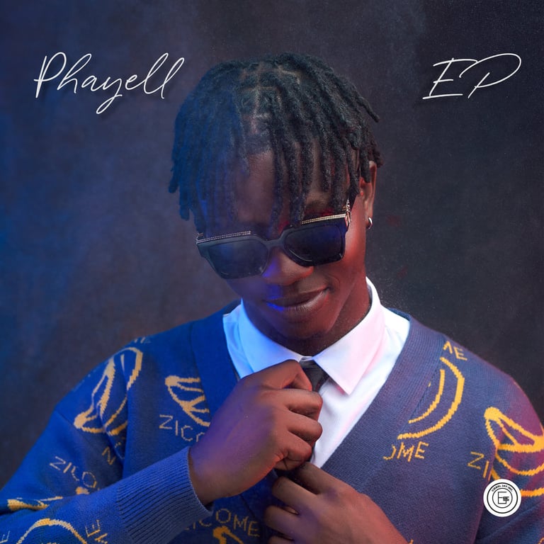 Phayell EP Cover Art - Phayell wearing white dress shirt, black tie, purple cardigan, banana pattern