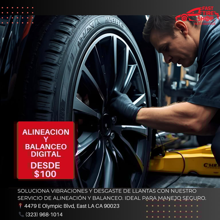 Mechanic performing digital tire alignment and balancing at Fast Tire Shop East Los Angeles