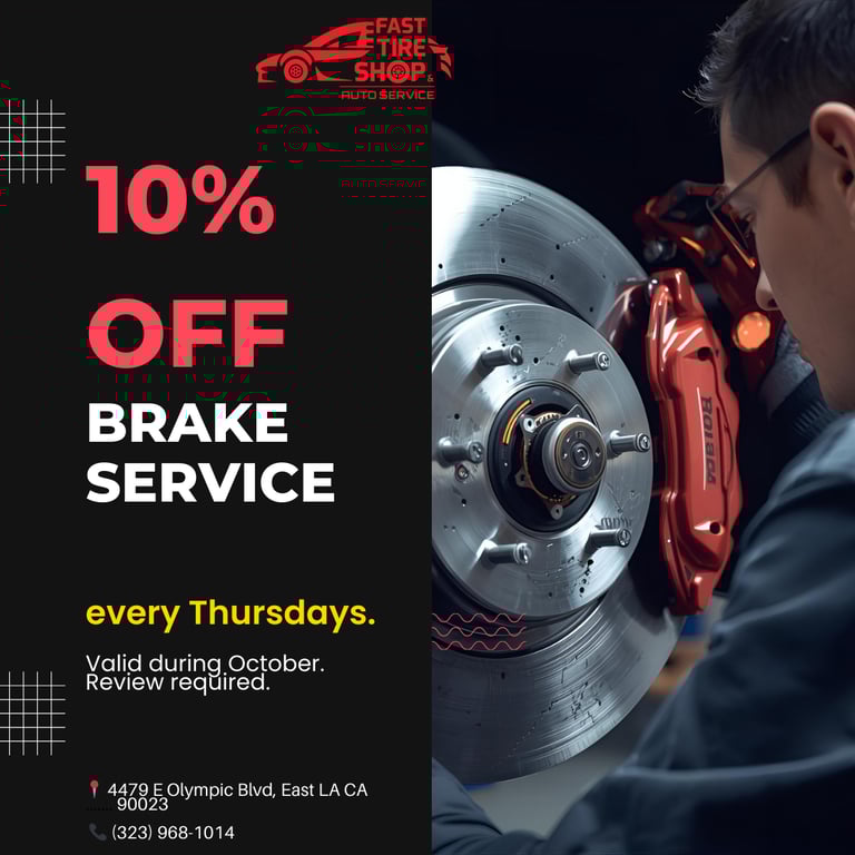 Mechanic replacing brake pads during 10% off brake service promotion at Fast Tire Shop East LA