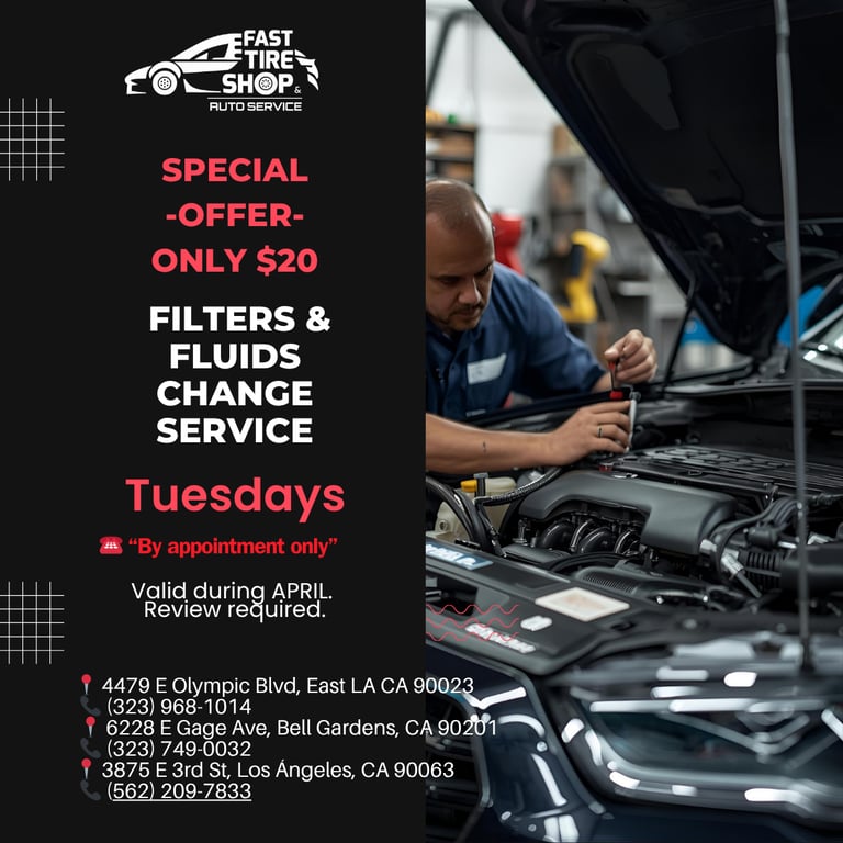 Oil change and filters and fluids service in Los Angeles at Fast Tire Shop with special $20 offer