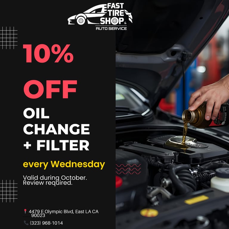 Oil being poured into car engine during 10% off oil change and filter service at Fast Tire Shop East