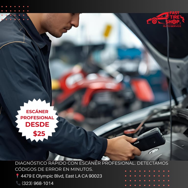 Mechanic using diagnostic scanner to detect vehicle issues at Fast Tire Shop East LA
