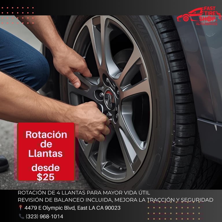 Mechanic rotating car tires to improve traction and extend tire life in East LA