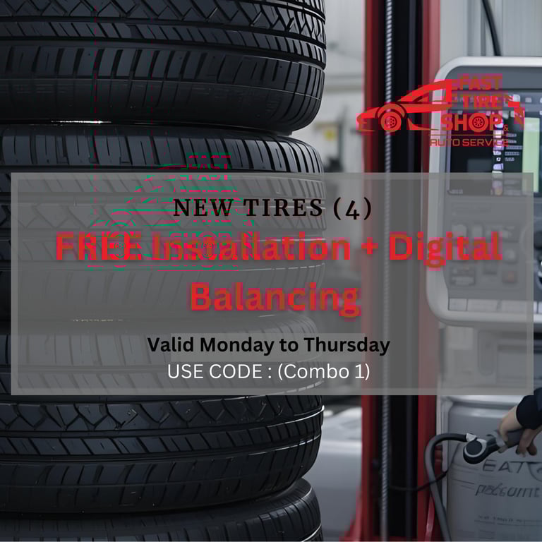 Stack of new tires ready for installation and digital balancing promotion at Fast Tire Shop East LA