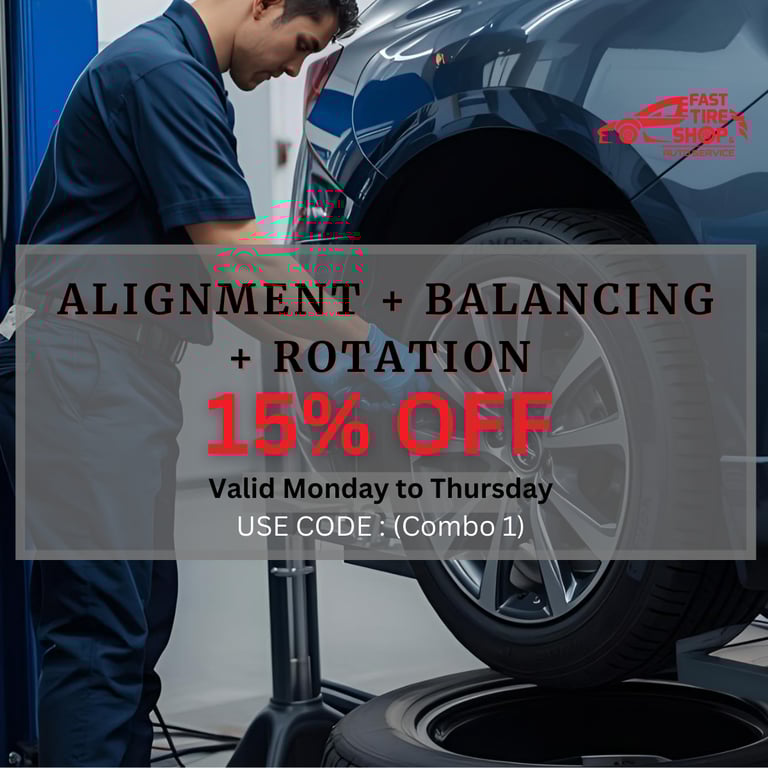 Car lifted for tire alignment, balancing, and rotation combo service with 15% off at Fast Tire Shop