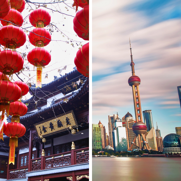 Vista de Xangai mostrando o contraste entre modernidade e história, escala de cruzeiros pela Ásia