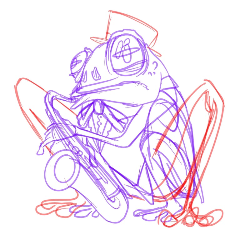 un croquis d'une grenouille qui fait du saxophone