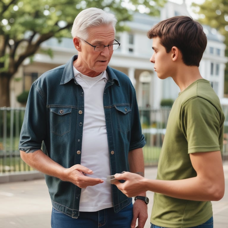 An older man speaking with a younger man