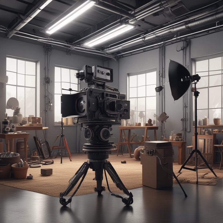 a man in a hat and a camera on a tripod