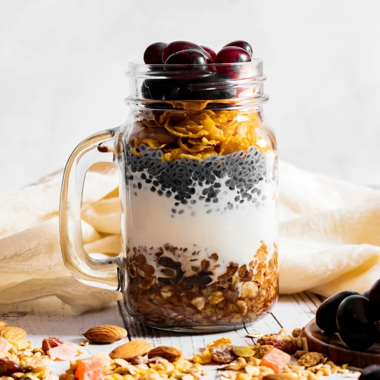 Layered Chia Yogurt Parfait with Granola, Cornflakes & Grapes
