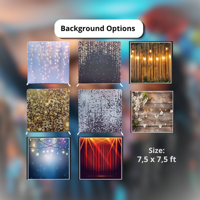 Selection of decorative event backdrop options including bokeh lights, sequins, and rustic wood designs.