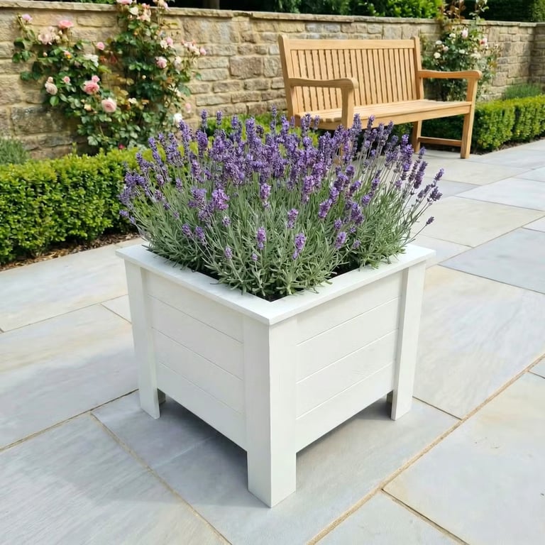 Large flower plant box wooden square planter on legs painted in white made from wood handmade in UK outdoor pot garden patio 