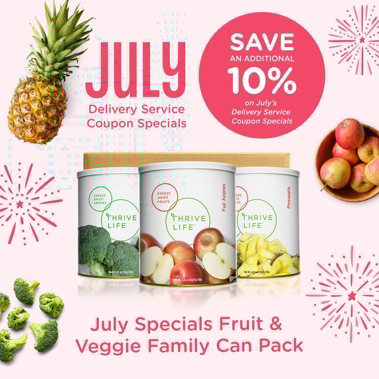 July special fruit and veggie family can pack featuring assorted fresh produce in vibrant packaging.
