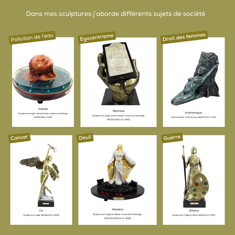 Photo représentant 6 sculptures de Lode ayant différents sujets de société
