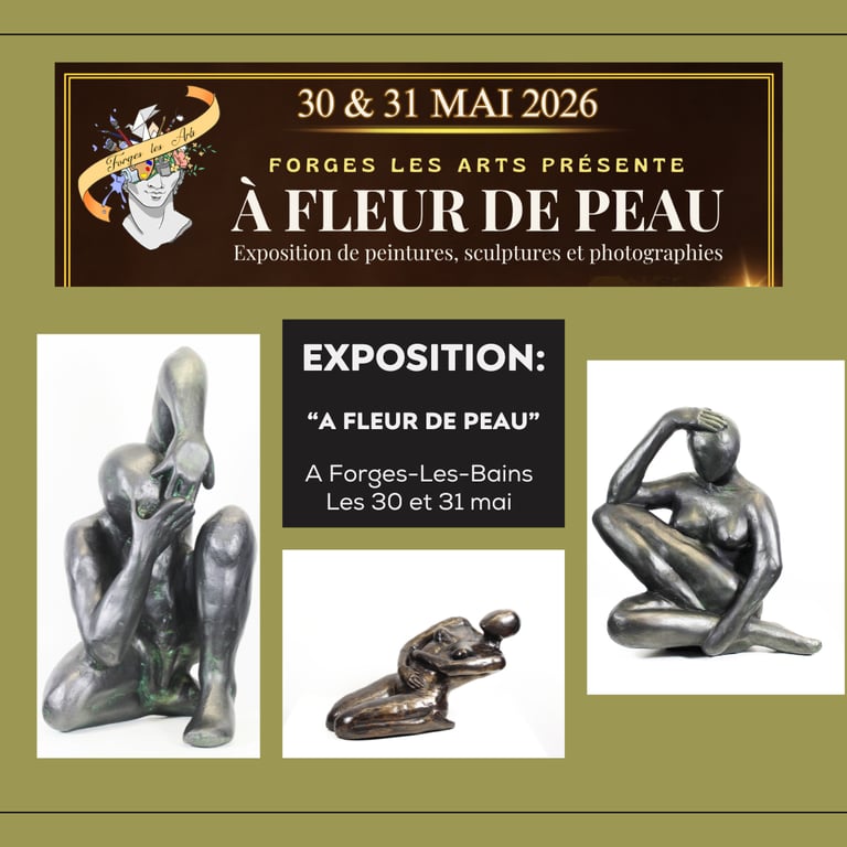 Affiche de l'exposition "A Fleure de Peau" sur laquelle figure les trois sculptures exposées: Coquille, Eclosion et Eternelle