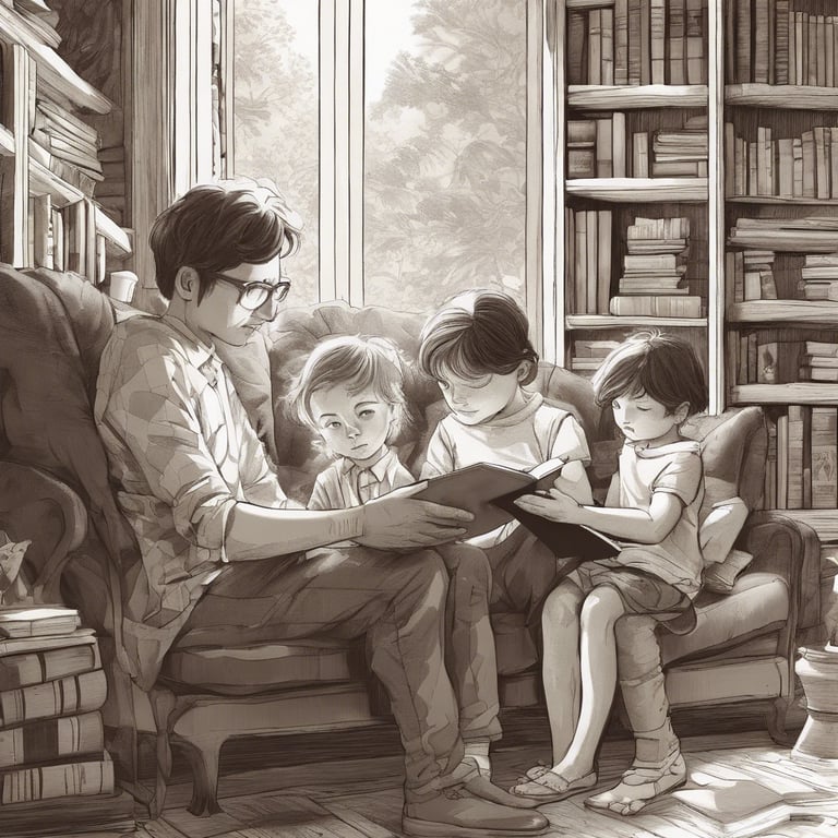 a man and two children sitting on a couch