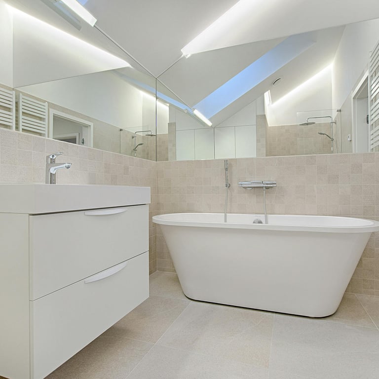 a bathroom with a bathtub and a skylight