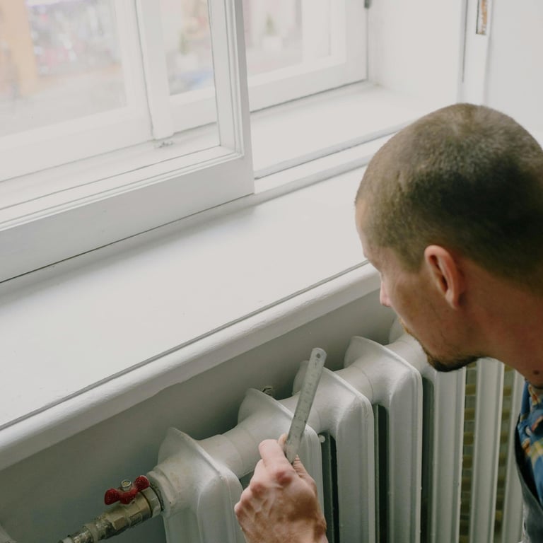 a man in a blue shirt is holding a knife and a knife in his hand