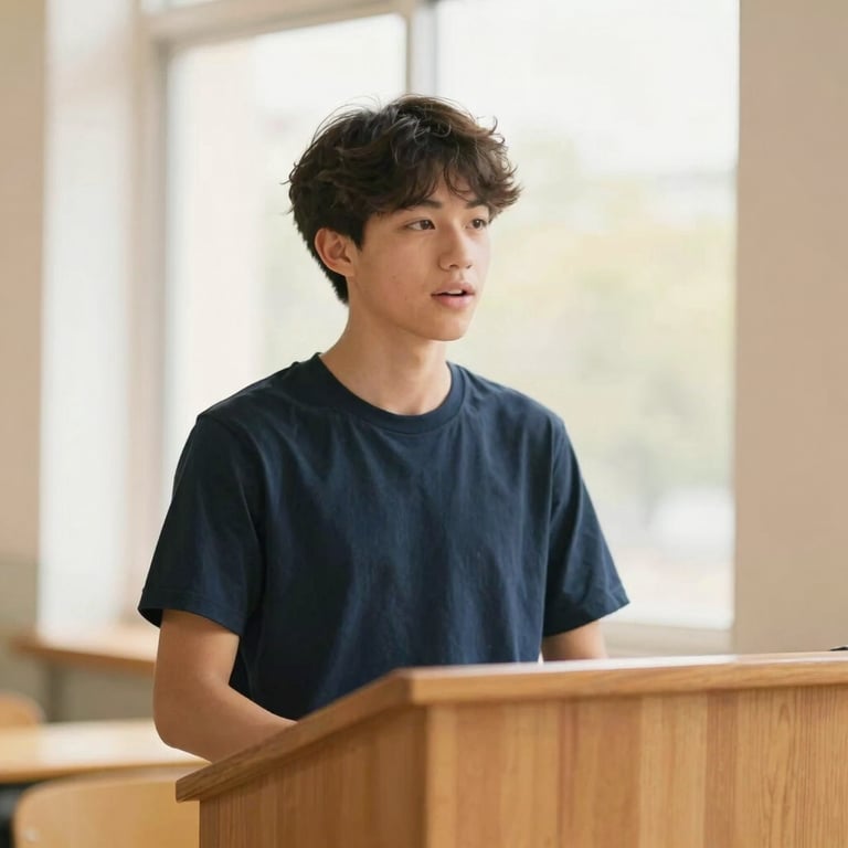 A teenage student speaking confidently from a wooden podium, warm natural window light, soft gold and navy tones, shallow depth of field