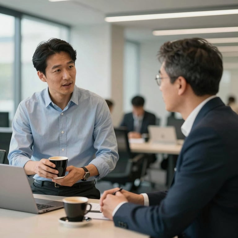 Two professionals sharing ideas during a coffee break in a modern, supportive corporate environment, light gray and light blue colors.
