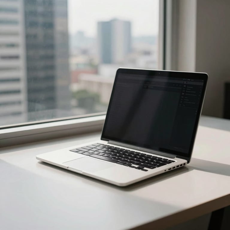 A clean workspace with a laptop and a view of a Brazilian business district through the window, morning light.