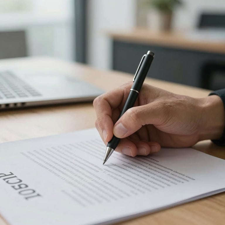 Close-up of a person signing a contract in a bright office environment, symbolizing new opportunities and growth.