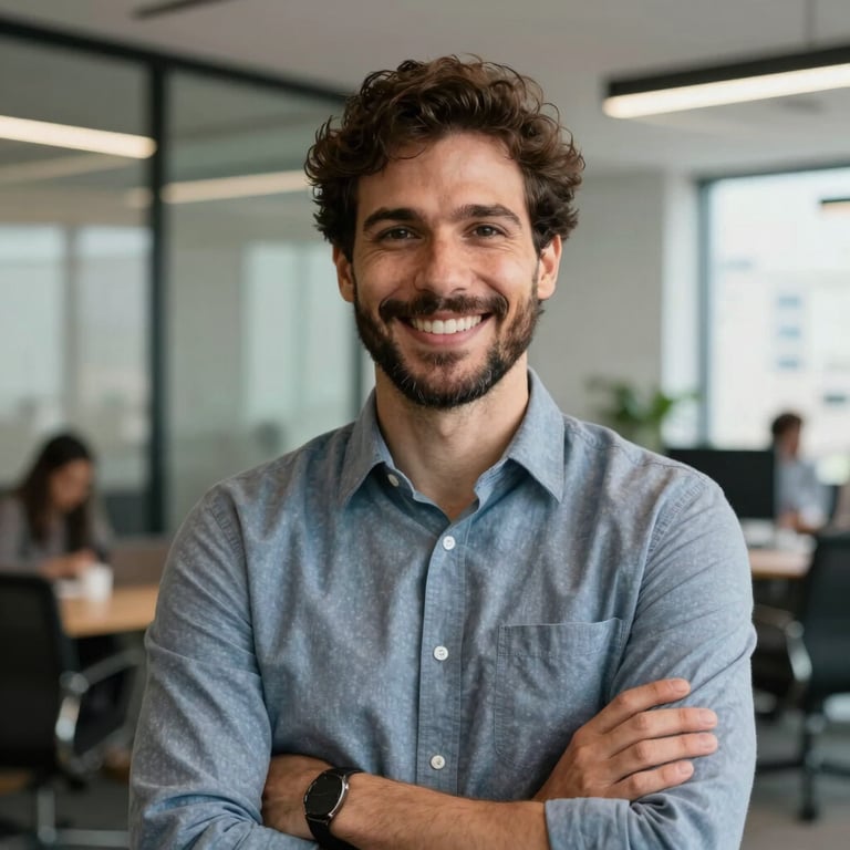 Portrait of a confident professional smiling in a modern office in São Paulo, natural lighting, professional and clean style.