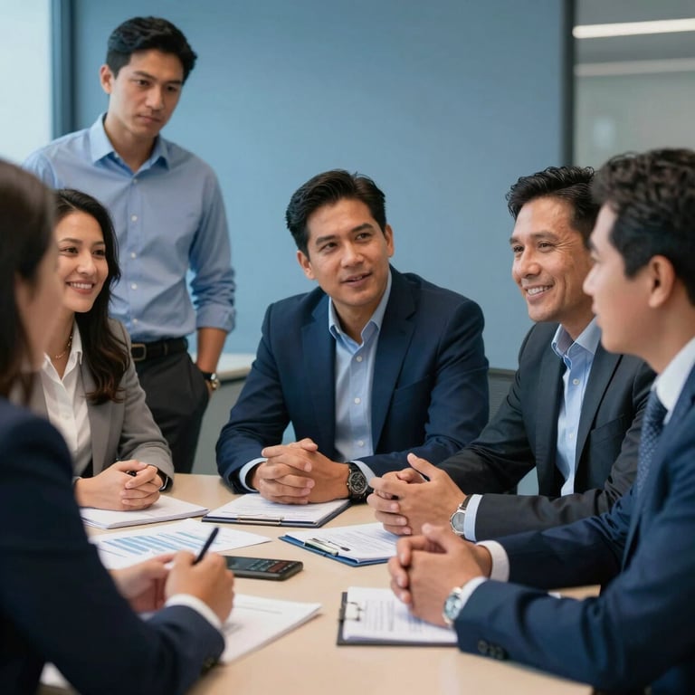 A group of South American professionals discussing a project around a conference table, optimistic atmosphere, medium blue tones.
