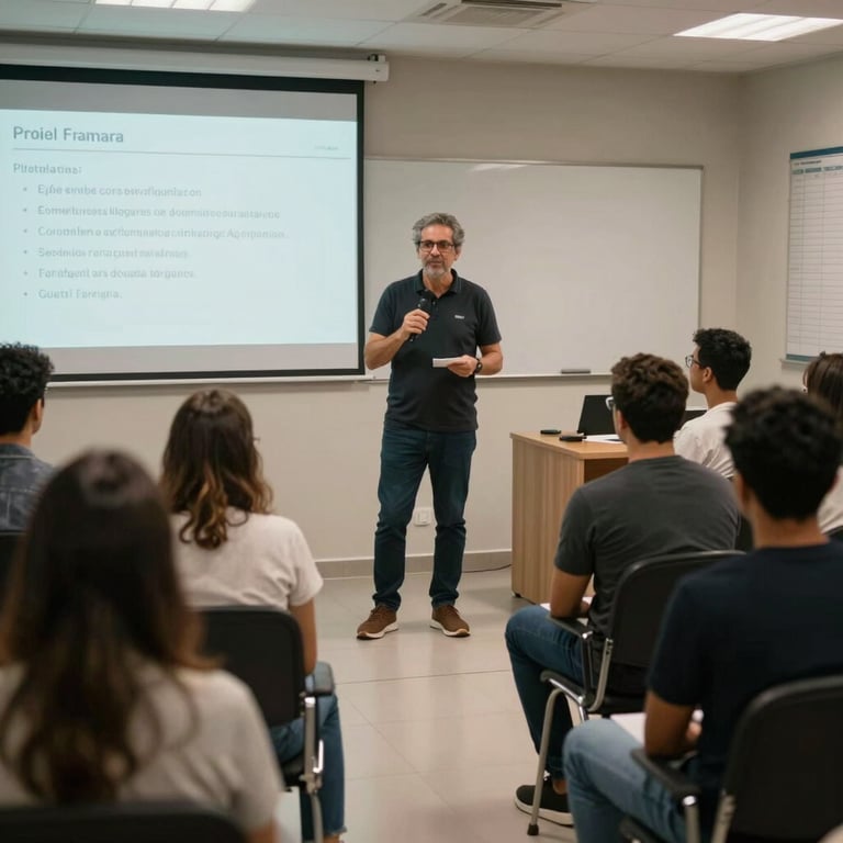 An encouraging scene of a mentor giving a presentation to a small, engaged group in a modern Brazilian training center.
