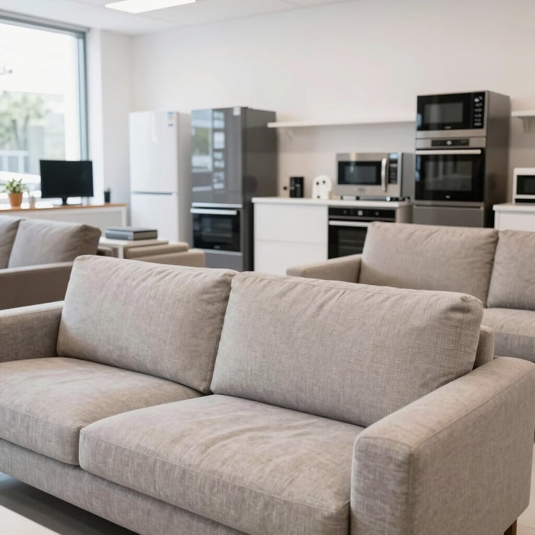 Bright clean commercial photography of an organized showroom in Dubai International City, featuring well-maintained sofas and modern home appliances, natural daylight, crisp details, realistic setting, 35mm lens