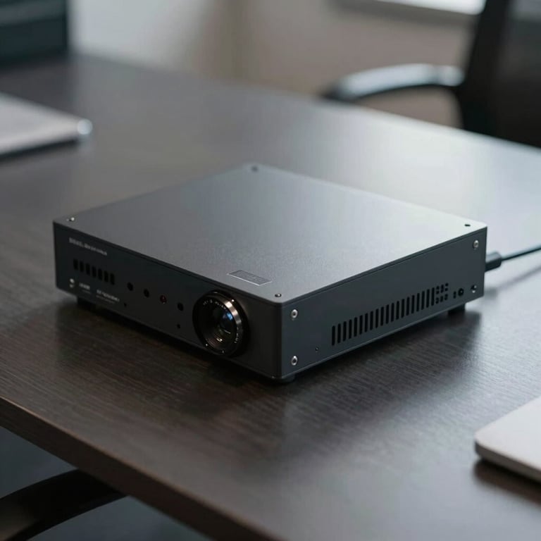 A close-up of a secure hardware device on a Dark Charcoal desk in a London office setting.