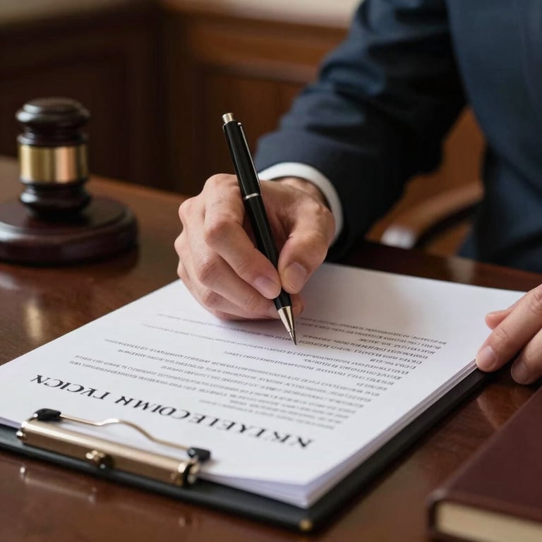 A detailed shot of a professional's hand signing a document in a high-end British / UK legal office.