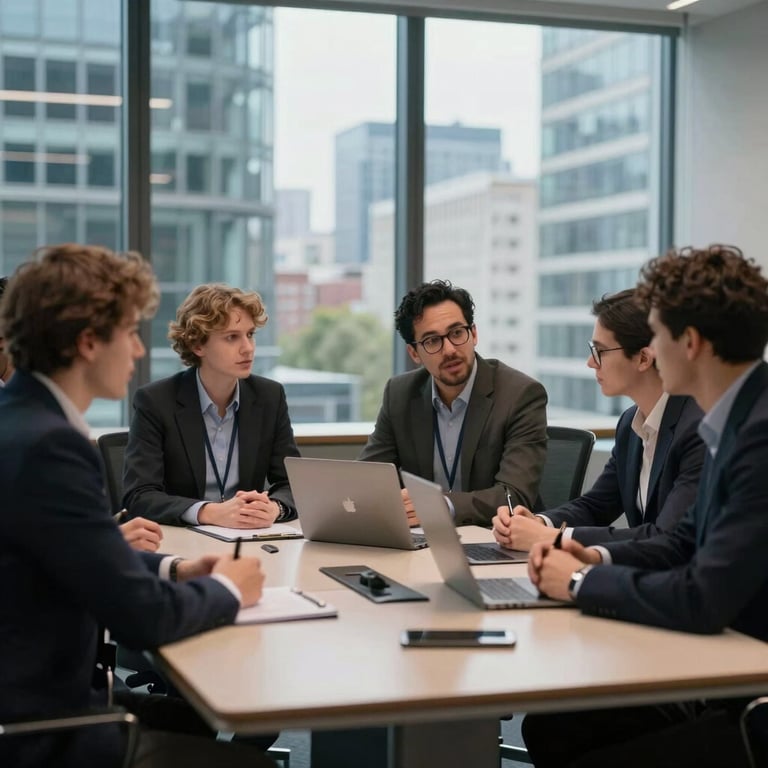 Professional blockchain analysts collaborating around a sleek conference table in a British / UK business district.