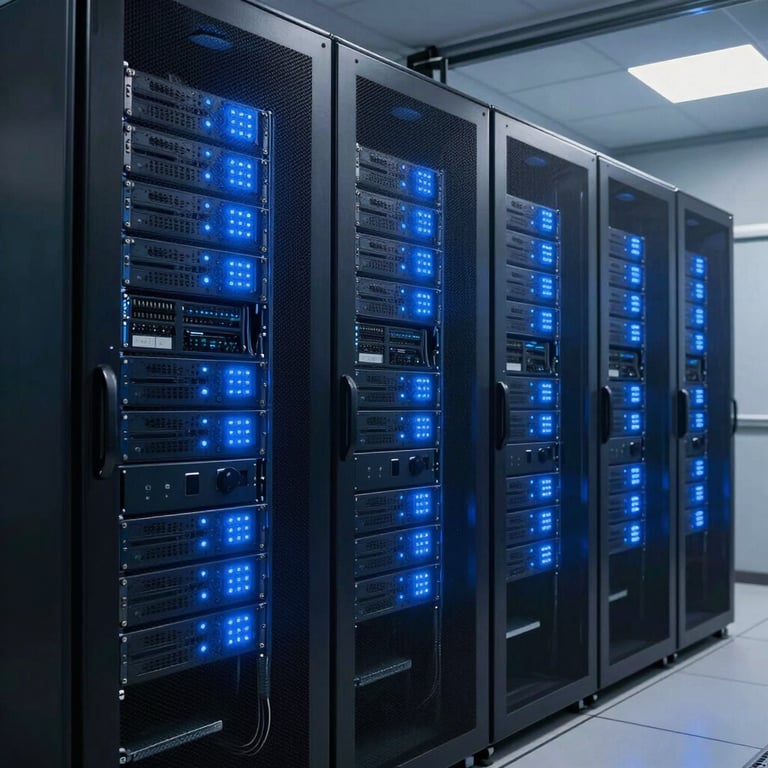 A high-security data center room with glowing Deep Steel Blue server lights in a British / UK facility.