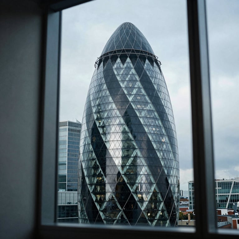 The Gherkin building visible through a window of a Muted Denim Blue themed executive office in London.