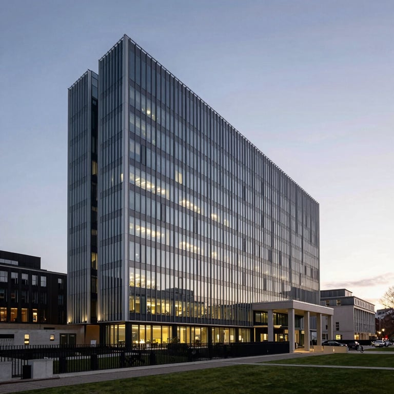 A wide-angle shot of a prestigious British / UK corporate headquarters at dusk, illuminated with Pale Mist lighting.