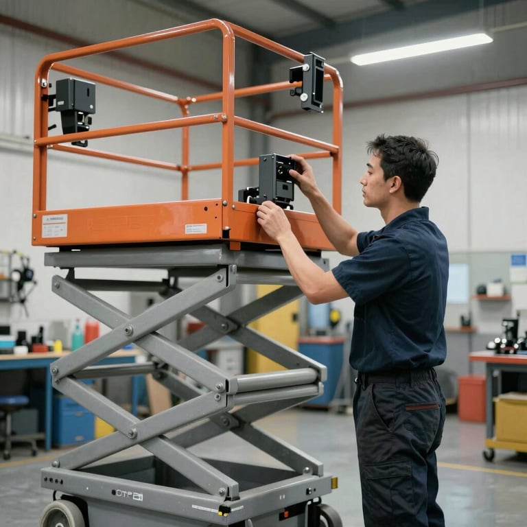 A professional technician in a clean workshop inspecting a scissor lift to ensure it is ready for customer use.