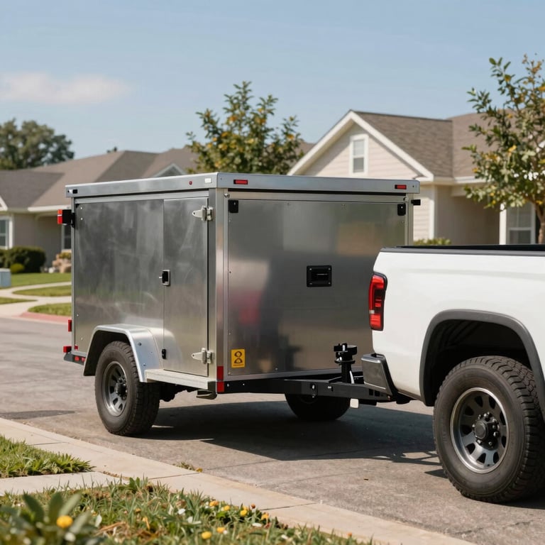 A modern utility trailer being hitched to a white pickup truck on a sunny day in a North American / US suburban neighborhood.